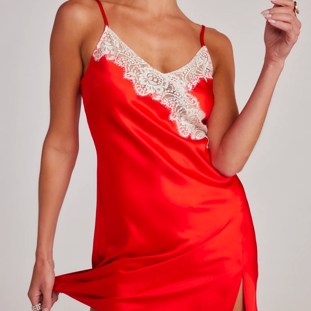 Elegant Red Satin Lace Trim Nightgown